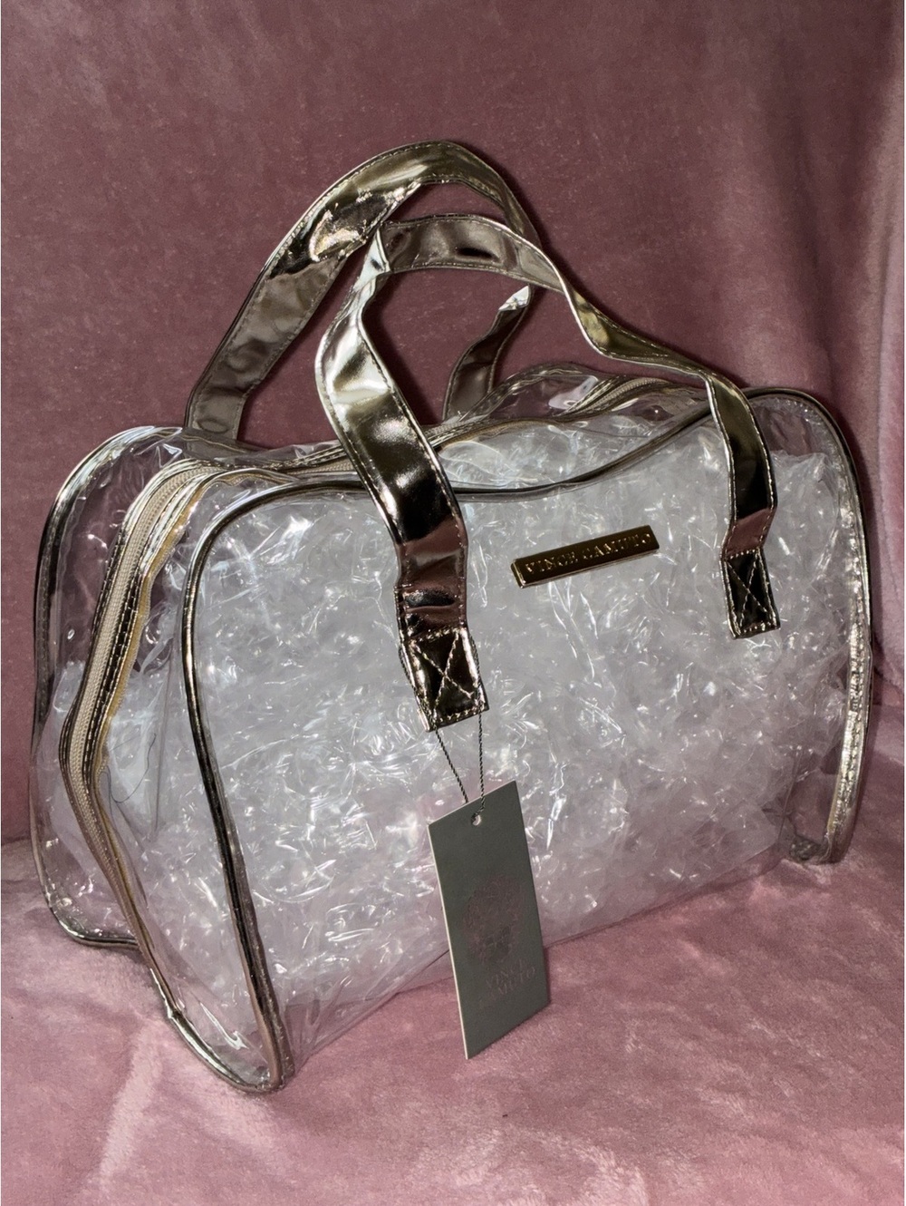 NWT Vince Camuto Clear Travel Bag with Metallic Gold Trim